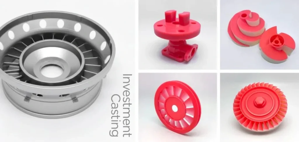 Industrial precision-cast metal parts displayed with corresponding red 3D-printed wax patterns