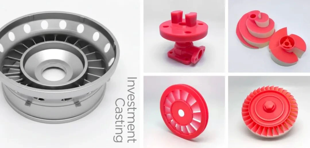 Pièces métalliques industrielles moulées avec précision présentées avec des modèles de cire rouge imprimés en 3D correspondants
