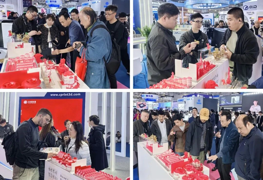 Visiteurs de TCT Asia examinant des modèles de cire imprimés en 3D et des échantillons de moulage de précision