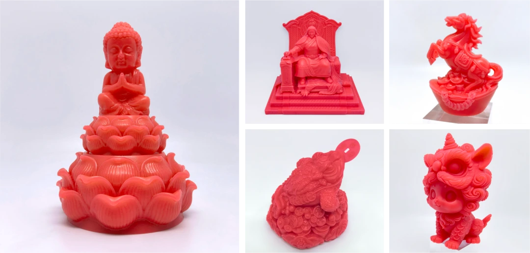 Modèles en cire rouge imprimés en 3D en forme de personnages, d'un Bouddha et d'animaux mythiques décoratifs