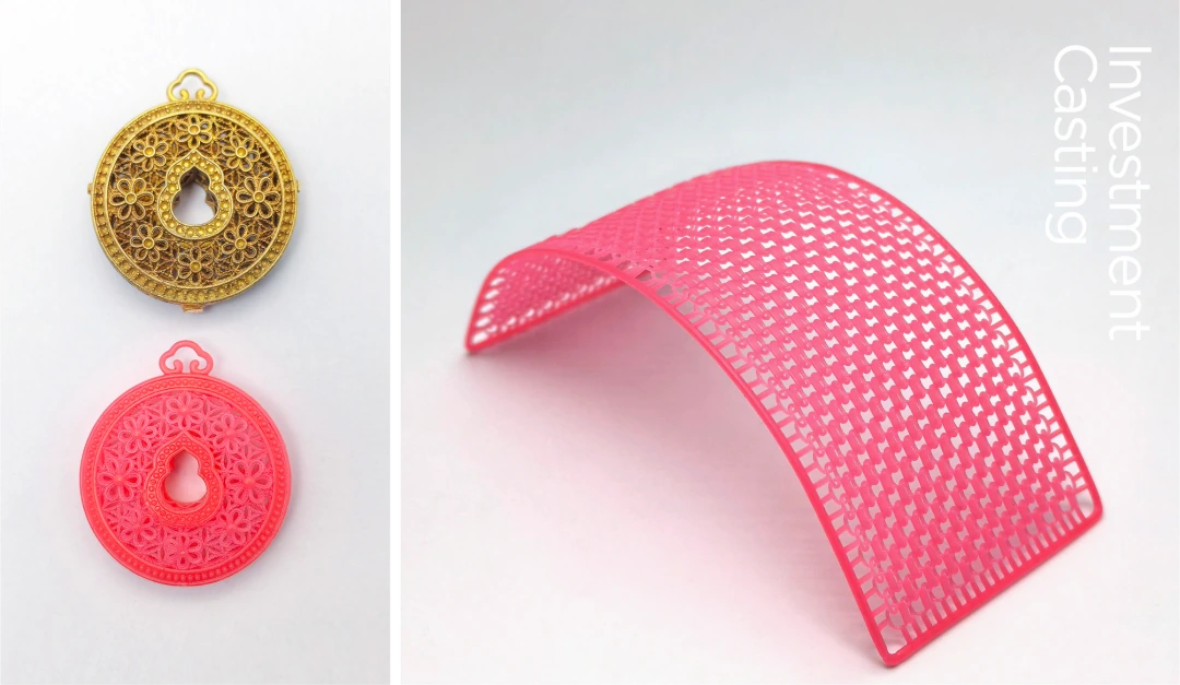 Modèles en cire rouge imprimés en 3D de pendentifs de bijoux ajourés et d'une surface incurvée en treillis