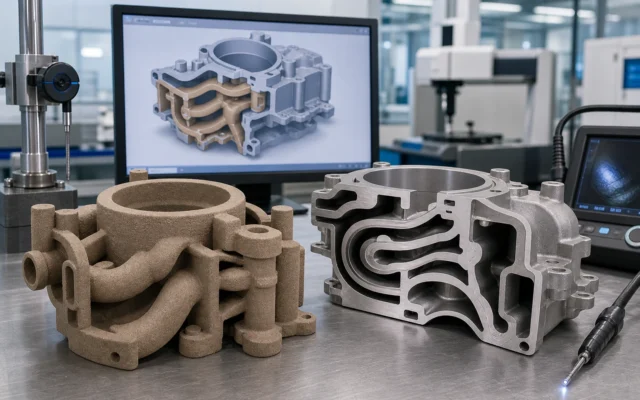 3D-printed sand core and metal aerospace housing with complex internal passages