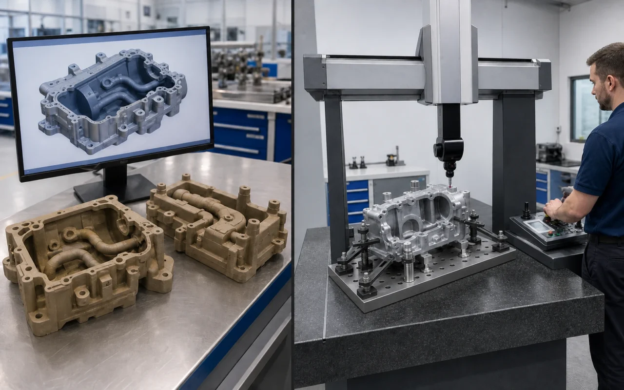 CAD-модель автомобильного литья, песчаная форма, напечатанная на 3D-принтере, и прототип металлической детали.