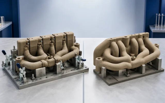 Multi-piece conventional sand core assembly beside a consolidated 3D-printed sand core