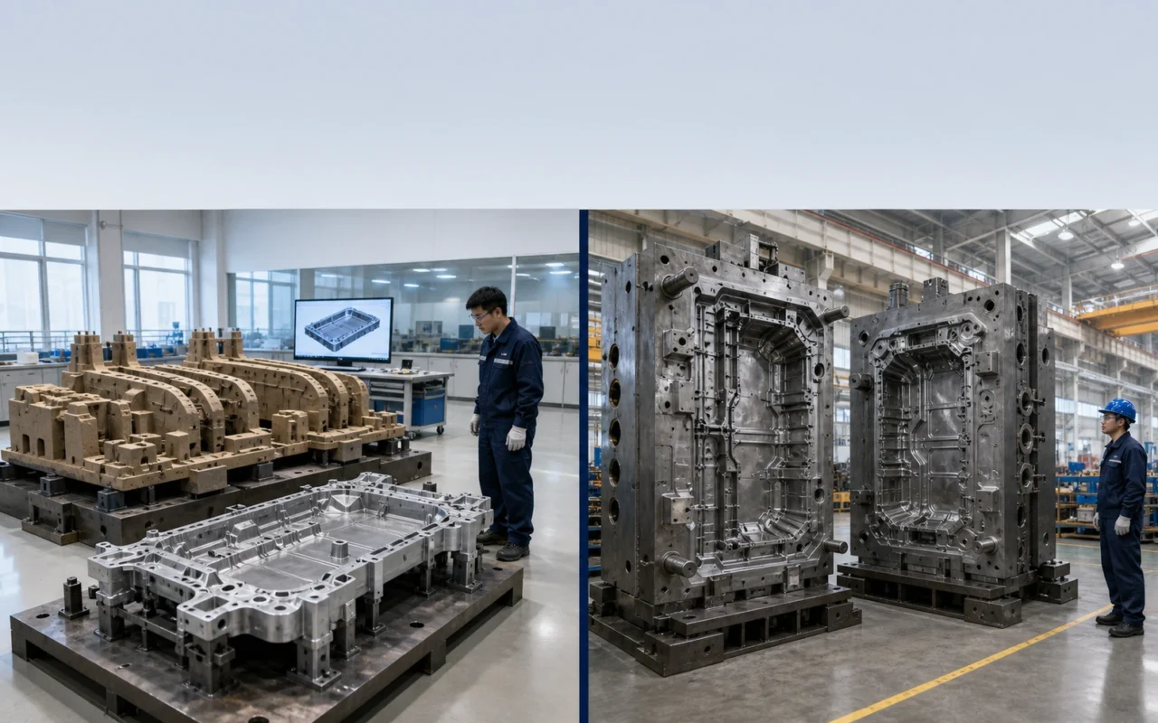 Moule en sable imprimé comparé à une matrice de production en métal pour un grand moulage de carrosserie automobile