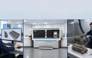 SJ-1200 ワークフローでは、CAD の準備、砂の再コーティング、粉末上に結合剤を選択的に噴射して粉末を除去する 3D プリントを示しています。