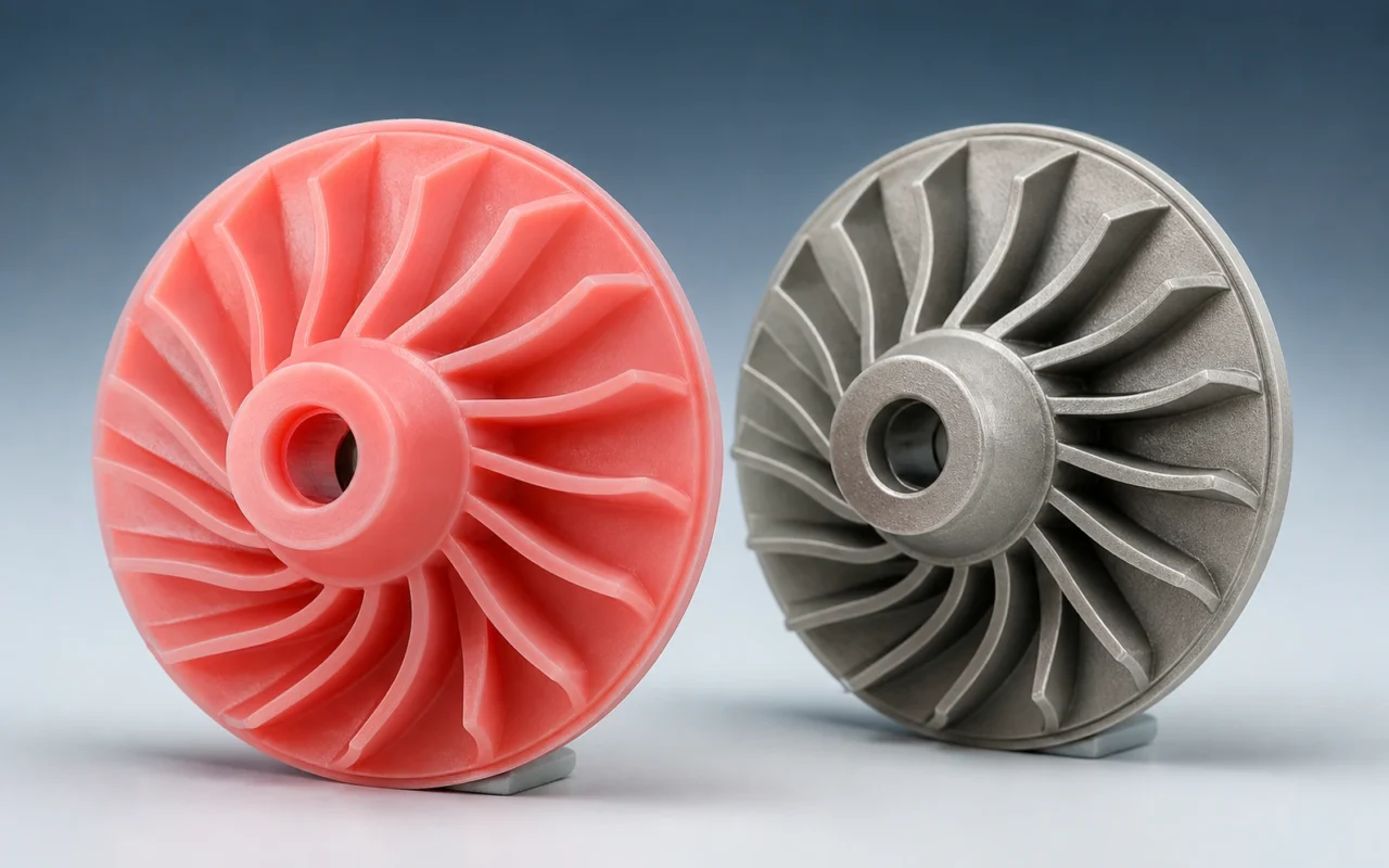 Padrão complexo de impulsor de cera impresso em 3D vermelho ao lado de sua fundição de precisão de metal com cera perdida