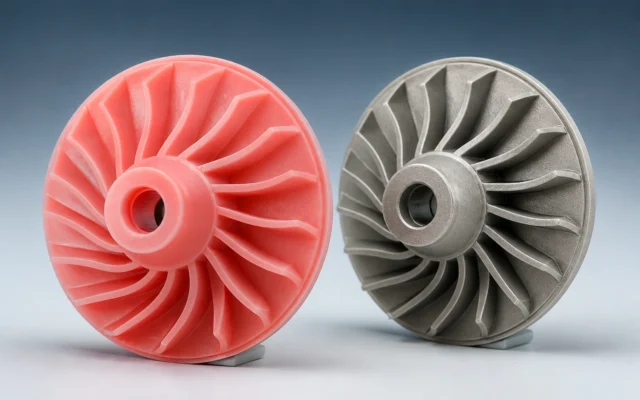 Complex red 3D-printed wax impeller pattern beside its metal investment casting