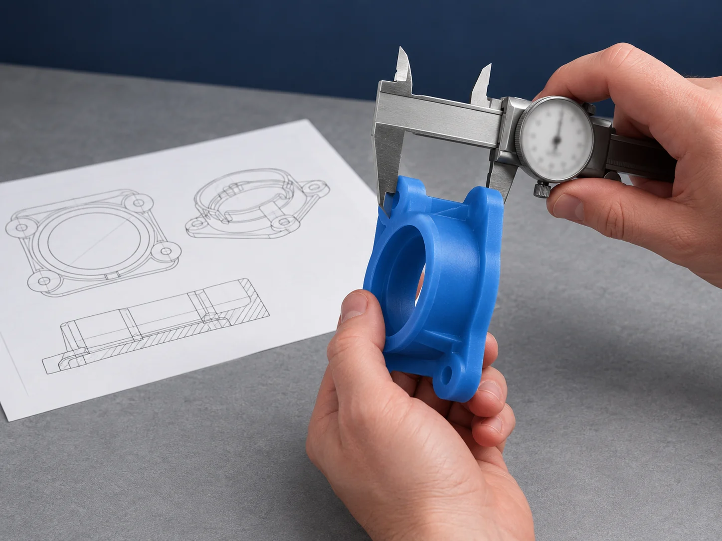 AI-generated illustration: Caliper inspection of a cleaned blue wax flanged housing beside outline drawings