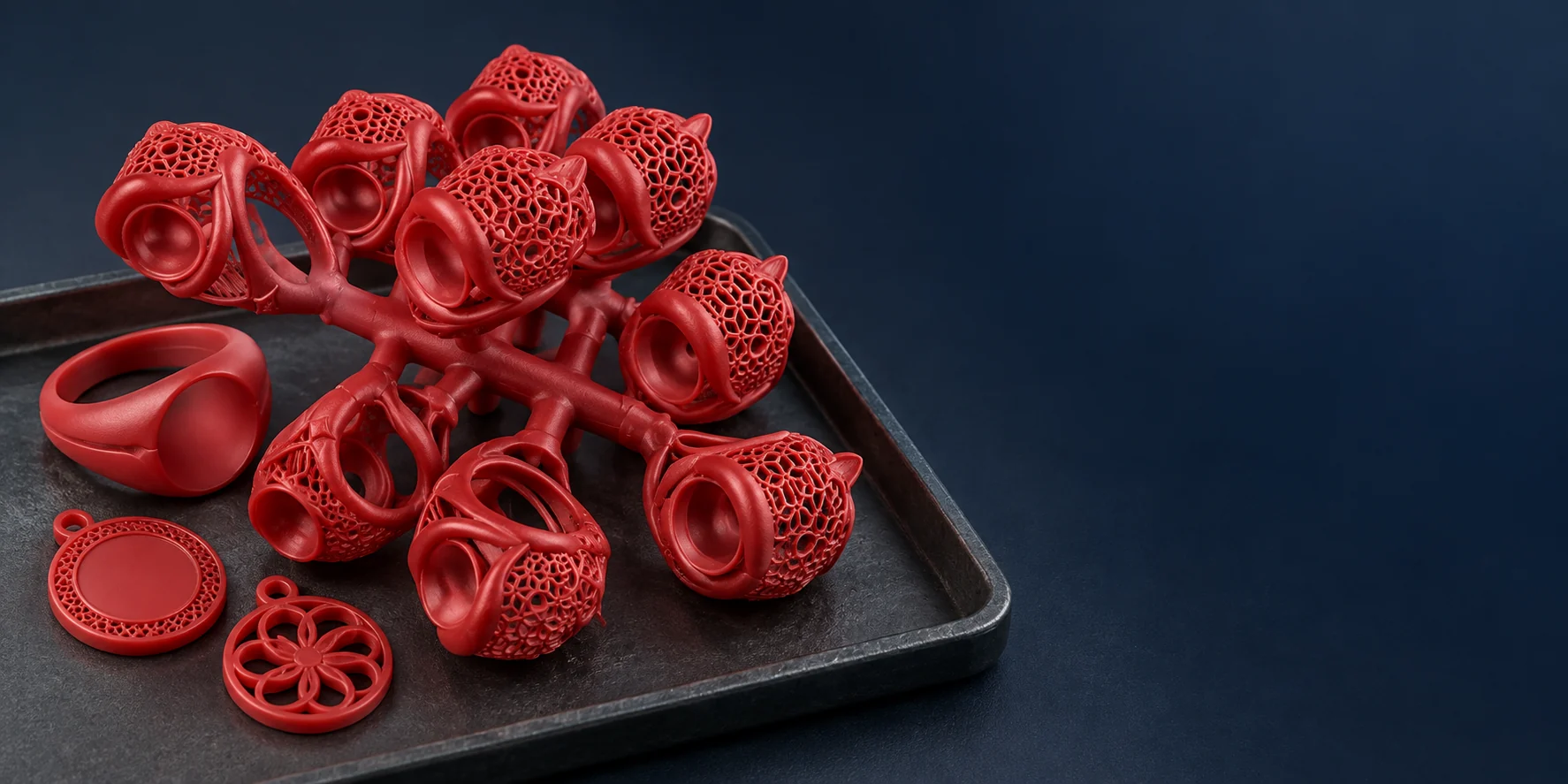 AI-generated illustration: Red jewelry wax casting tree with loose patterns and right-side text space
