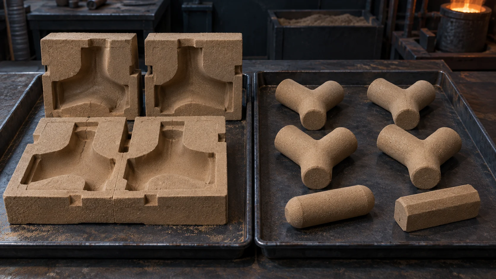 AI-generated illustration: Batches of sand molds and solid branching cores arranged on trays
