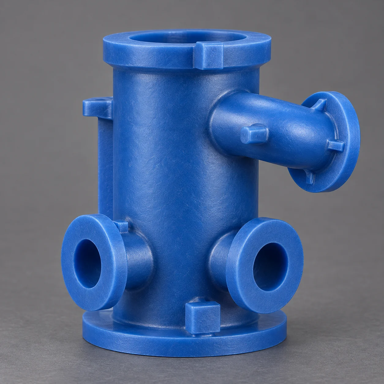 AI-generated illustration: Blue wax multi-port cylindrical valve body