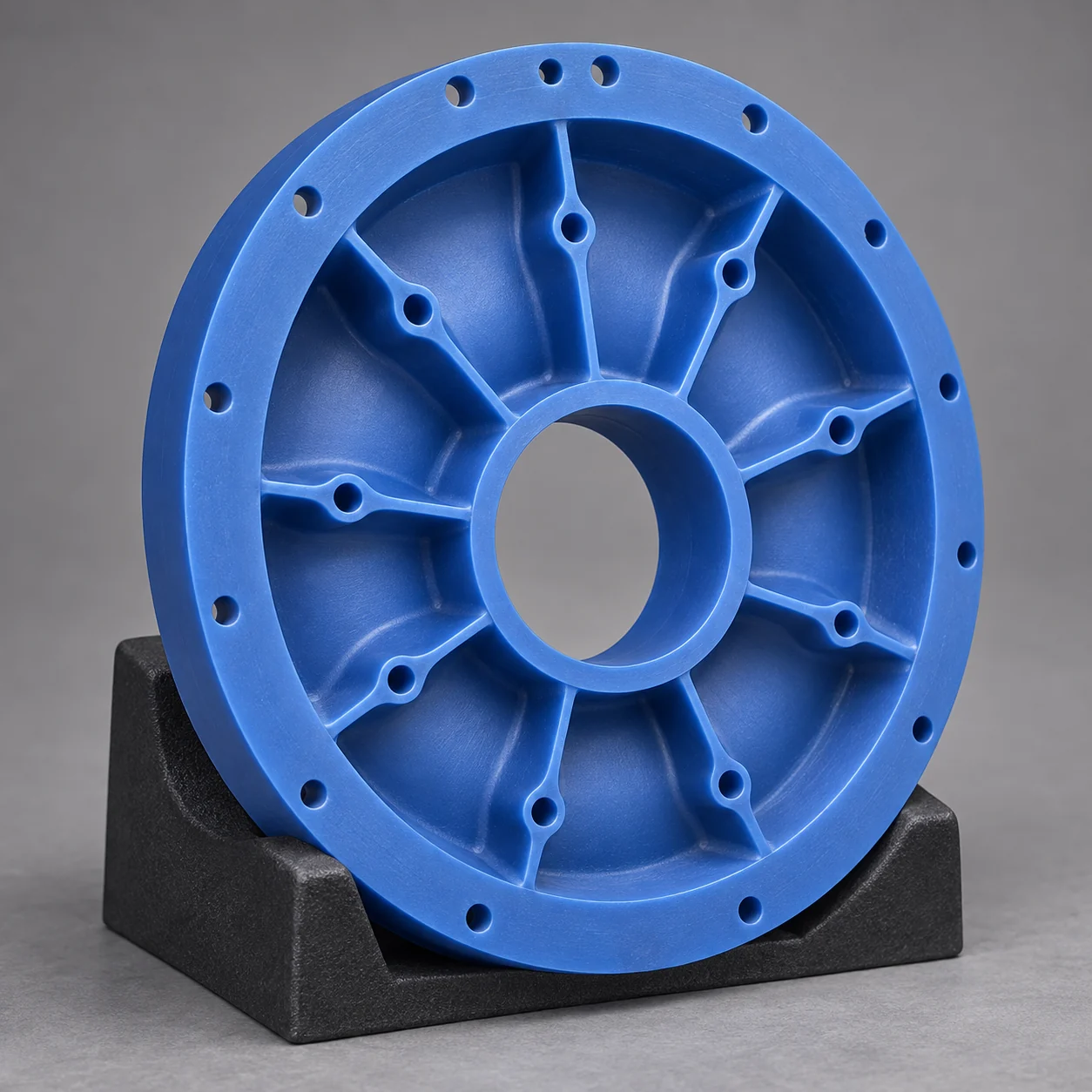 AI-generated illustration: Blue wax annular housing with radial reinforcing ribs