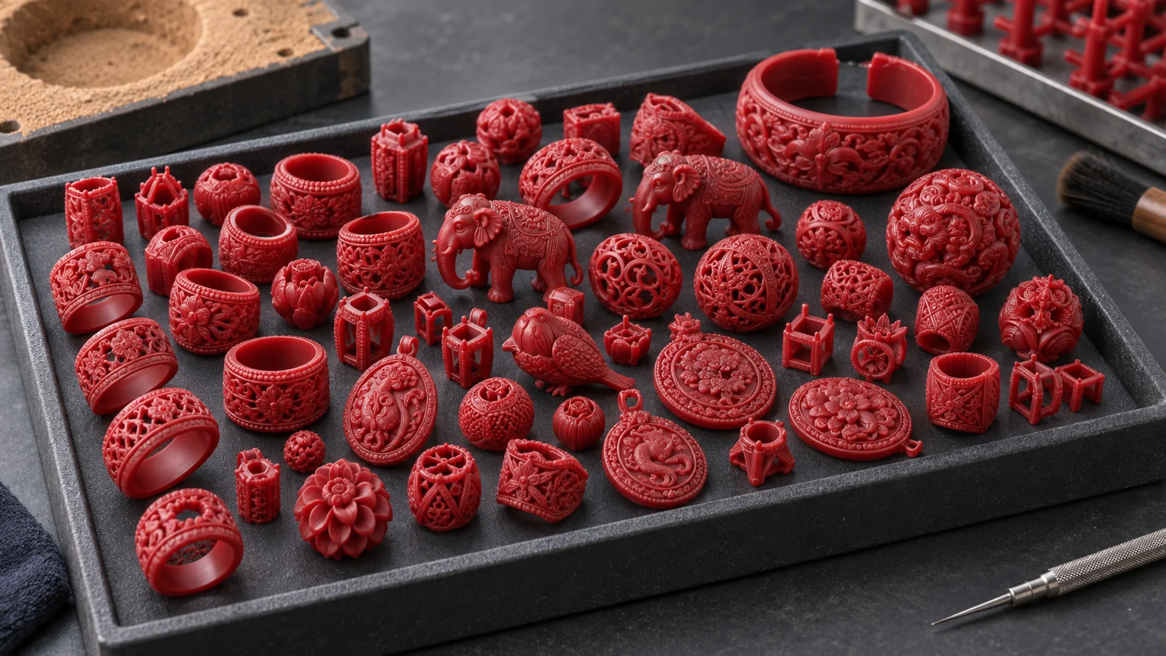 AI-generated illustration: Assorted red wax rings, bangles, pendants and miniature ornamental patterns