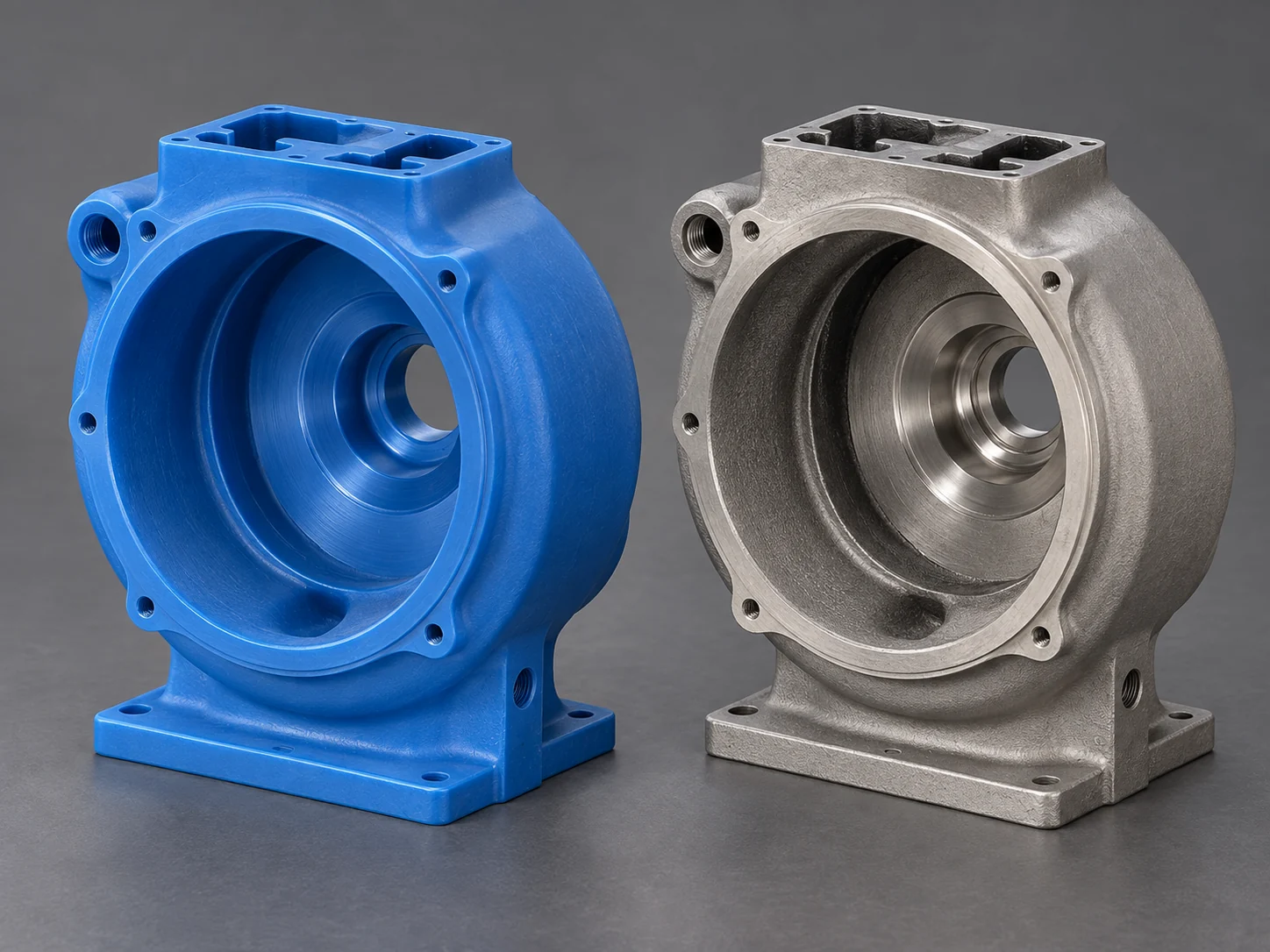 AI-generated illustration: Matching blue wax pump housing and gray metal casting