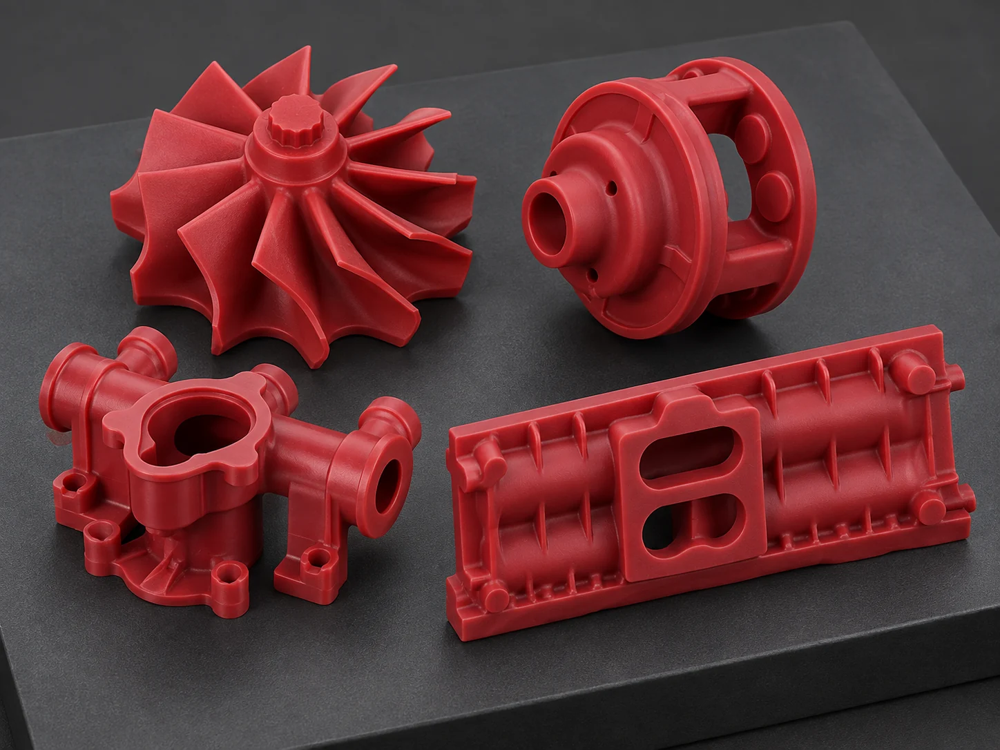 AI-generated illustration: Assorted red industrial wax patterns including rotor, manifold and ribbed cover