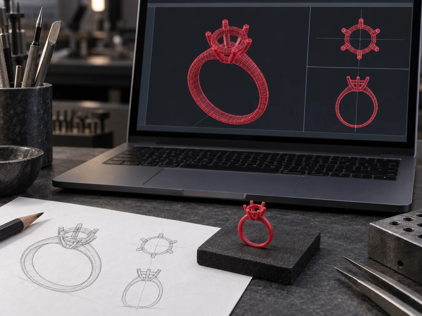 AI-generated illustration: Jewelry CAD views with the corresponding red wax ring on the desk