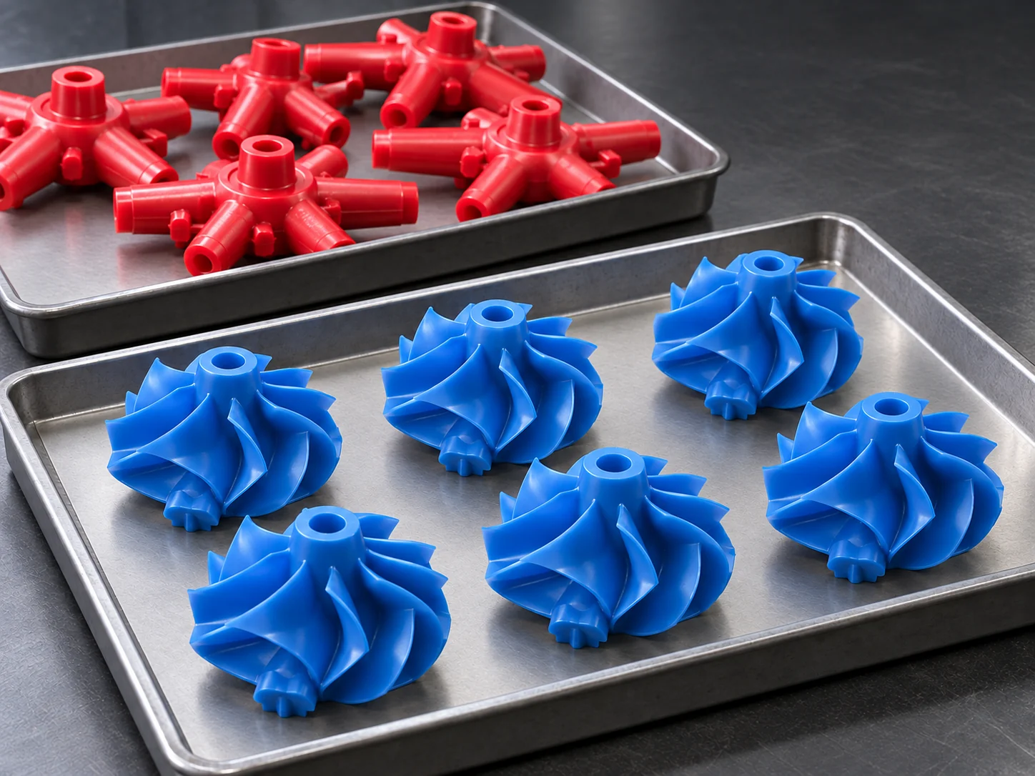 Six blue wax impeller patterns on a clean stainless-steel tray, with red wax runner components on a second tray behind; AI-generated application illustration.