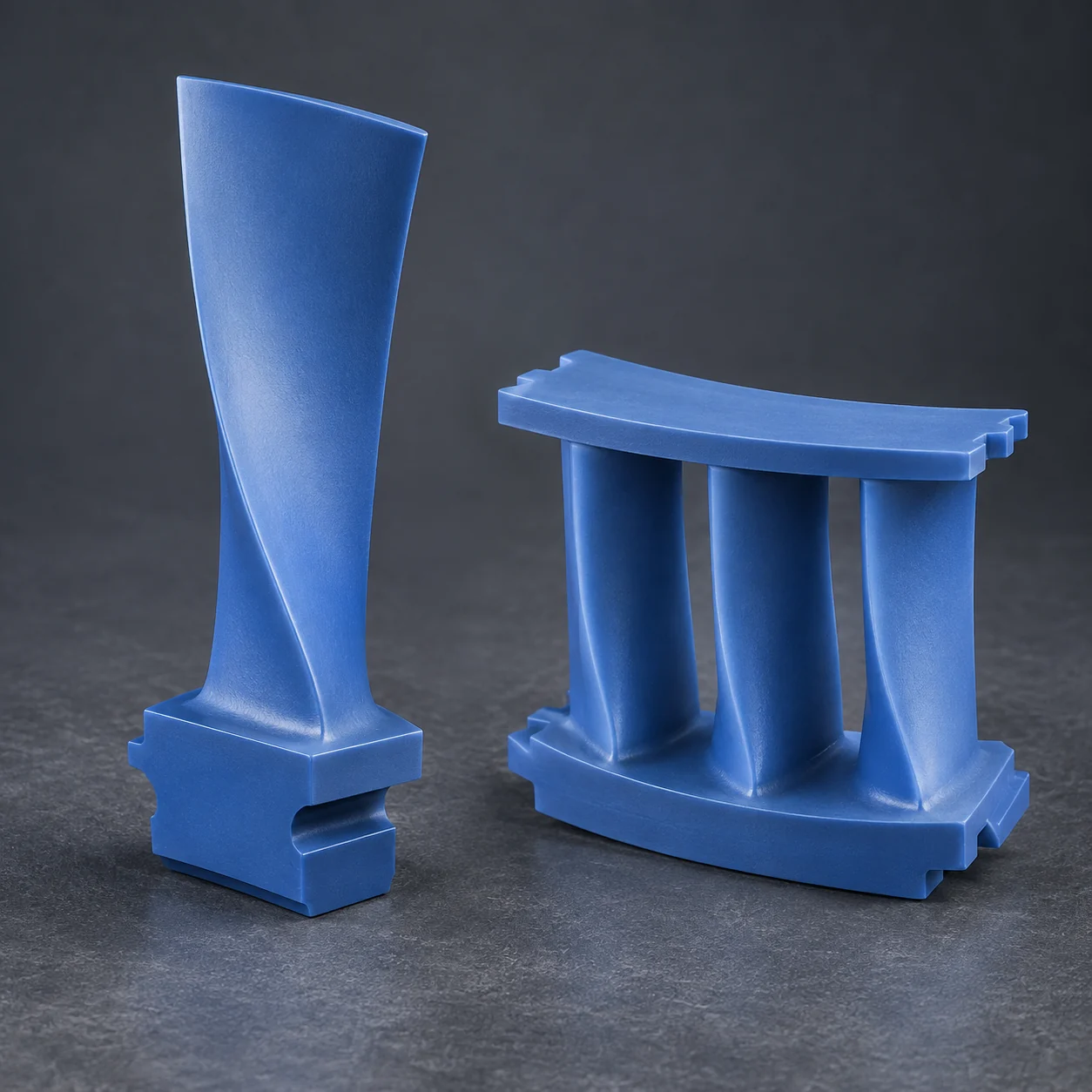 AI-generated illustration: Blue wax turbine vane and guide-vane segment