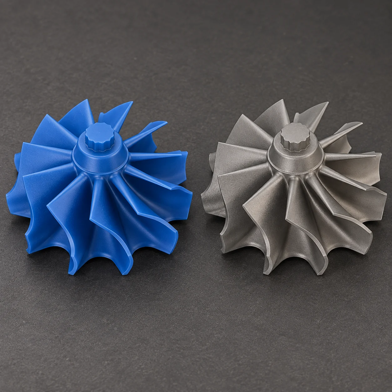 AI-generated illustration: Matching blue wax radial impeller and gray metal casting