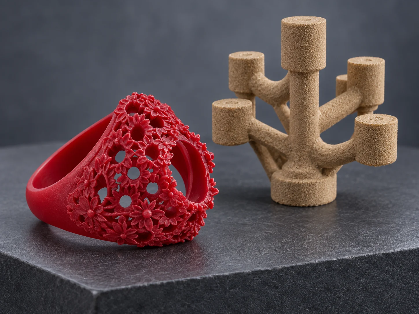 AI-generated illustration: Red floral openwork ring pattern beside a branching tan sand core