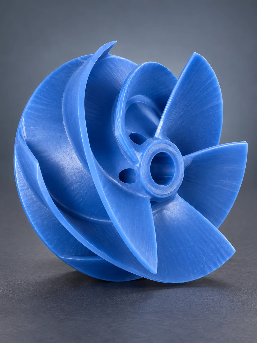 AI-generated illustration: Blue wax impeller with broad curved blades