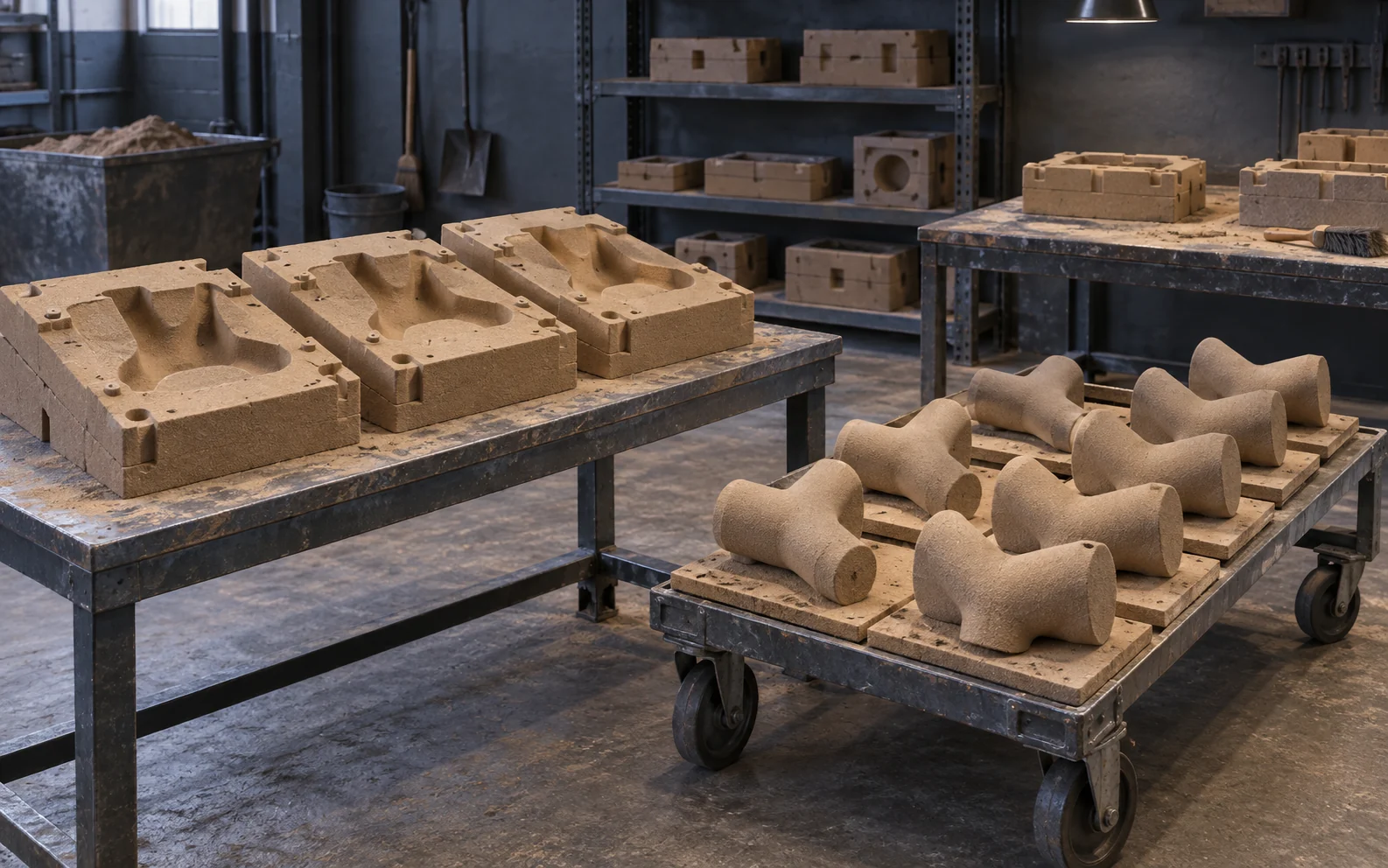 AI-generated illustration: Sand molds and solid core batches on foundry worktables and a cart