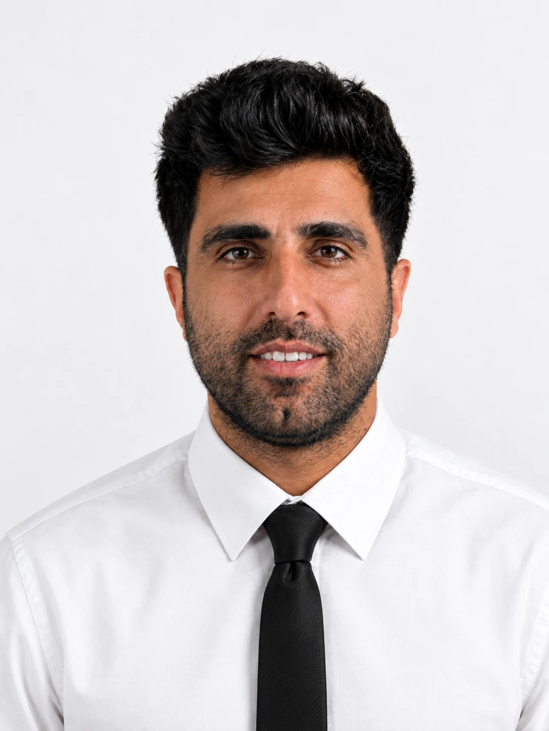 Portrait of Cprint 3D’s official representative in Iran wearing a white shirt and black tie