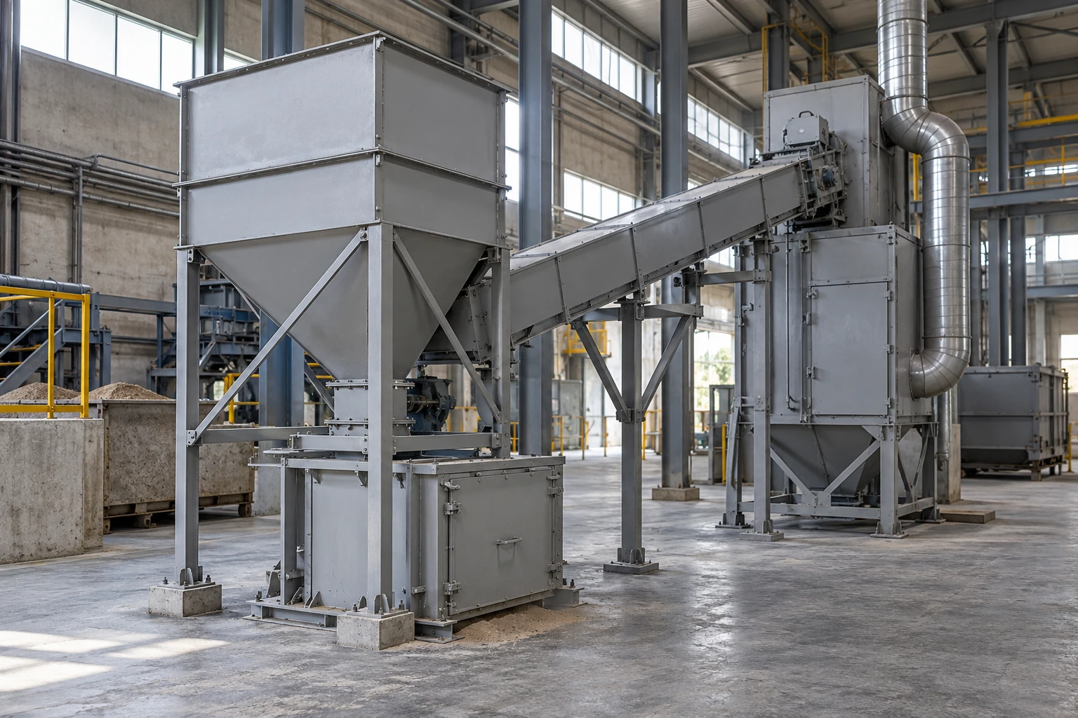 Enclosed hoppers, sand-transfer equipment and extraction ducting in an industrial setting