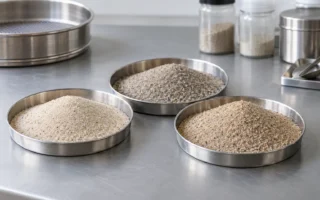 Tiga baki pasir, ayakan, dan botol sampel di meja laboratorium