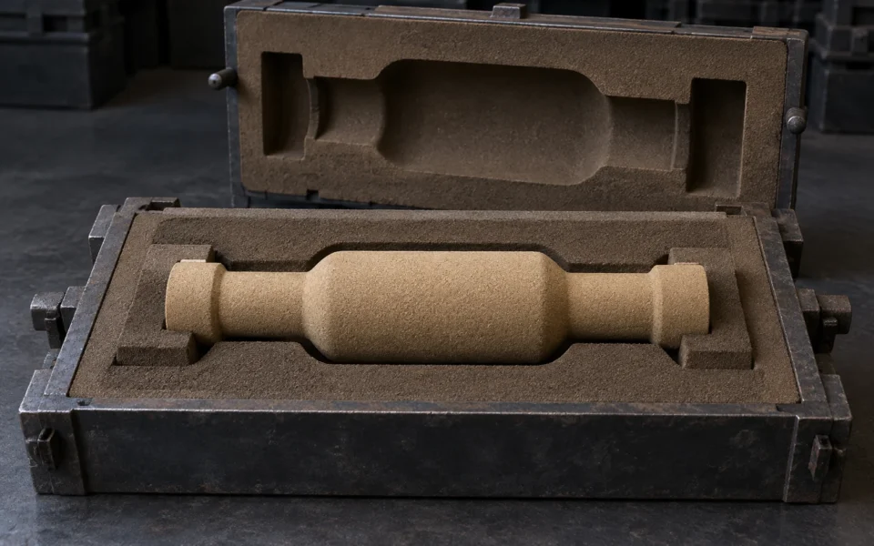 Geöffnete obere und untere Sandform mit einem massiven Kern in der unteren Aufnahme