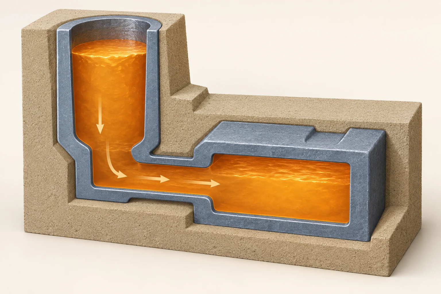 Orange liquid metal flows from a left-hand riser through a connecting path to a thick section on the right