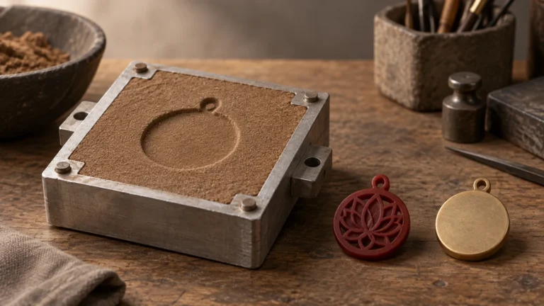 Petit moule manuel en sable et modèle en cire indépendant sur un établi de bijoutier
