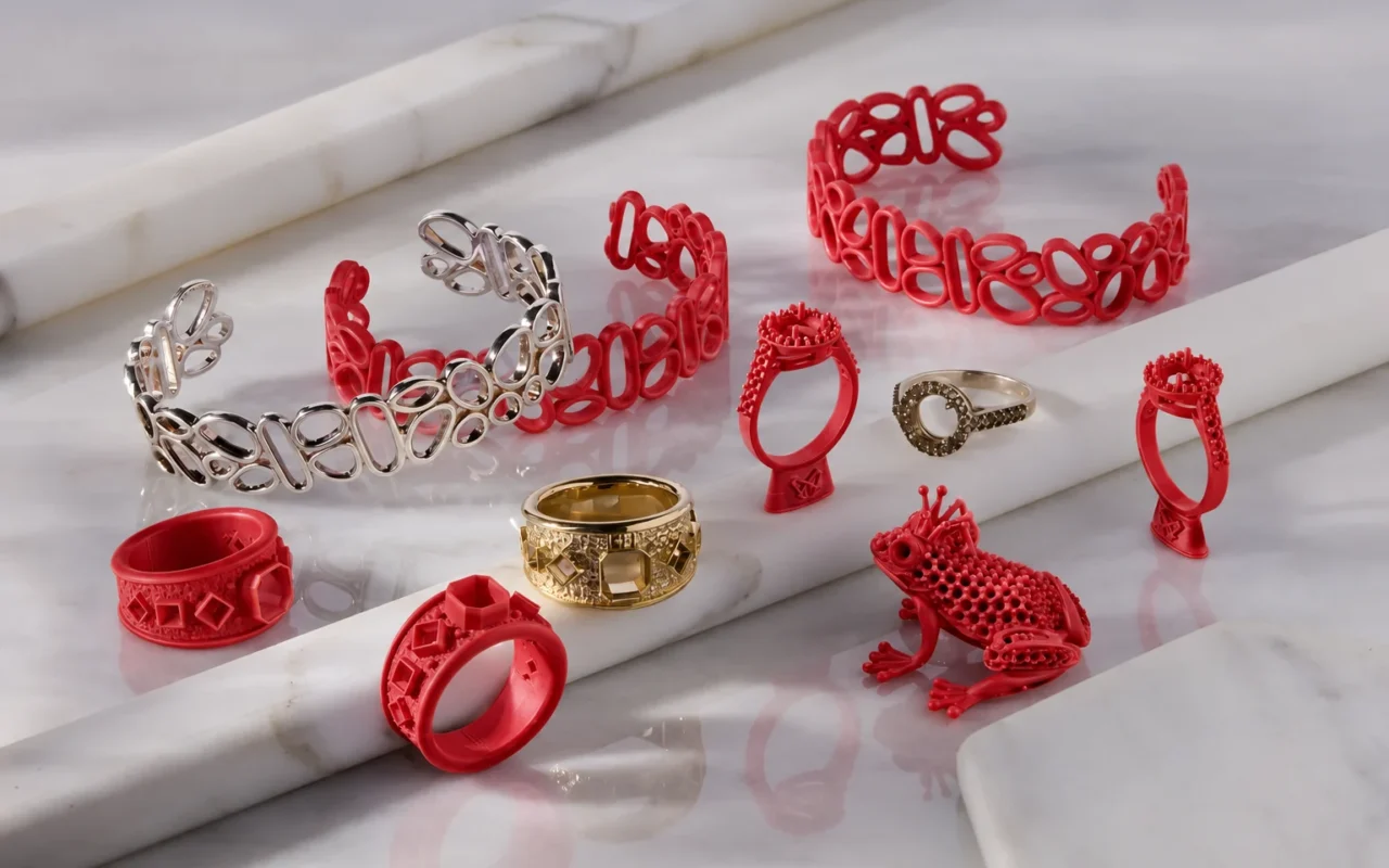 Red ring, openwork bracelet and frog-shaped patterns displayed beside metal-finish jewelry on a marble surface