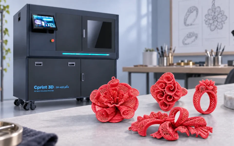 A 3H-420 Plus printer behind detailed red wax jewelry patterns.