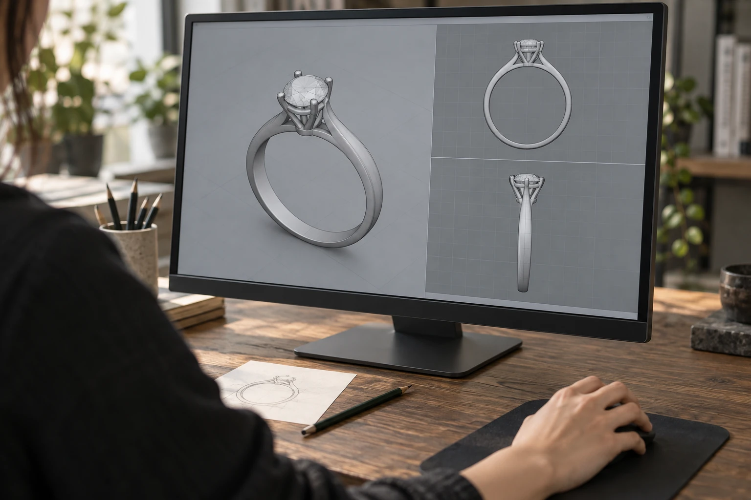 モニターに表示されたリングの3Dモデルと側面の構造図