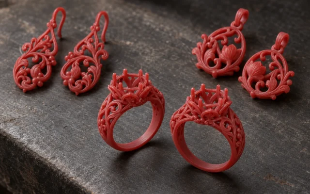 Bagues, boucles d'oreilles et pendentifs en cire rouge regroupés par modèle sur un établi