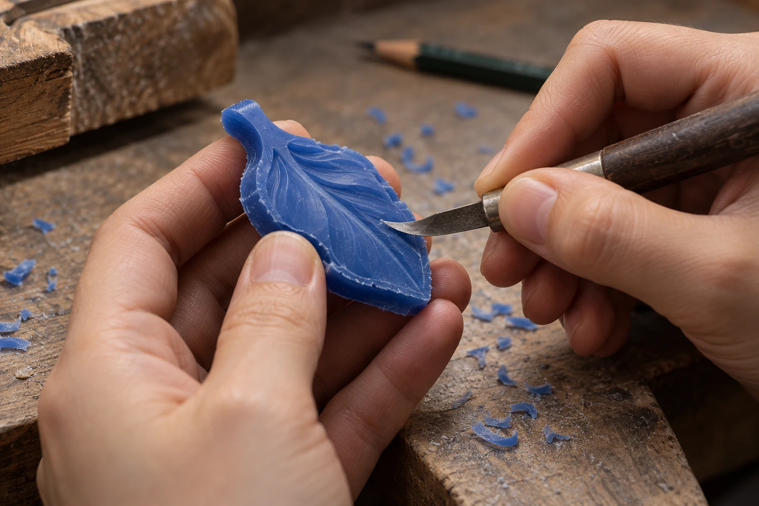 Sculpture d’une ébauche de cire bleue en forme de feuille avec un outil manuel