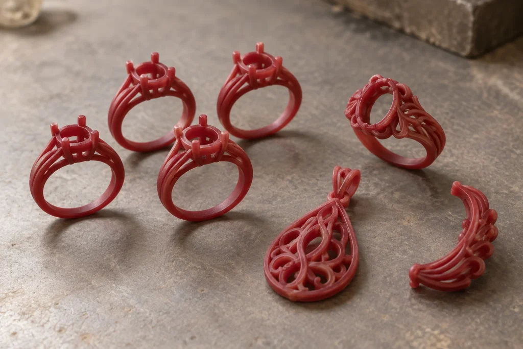 Montures de bague identiques et modèles de bijoux variés en cire rouge sur un établi