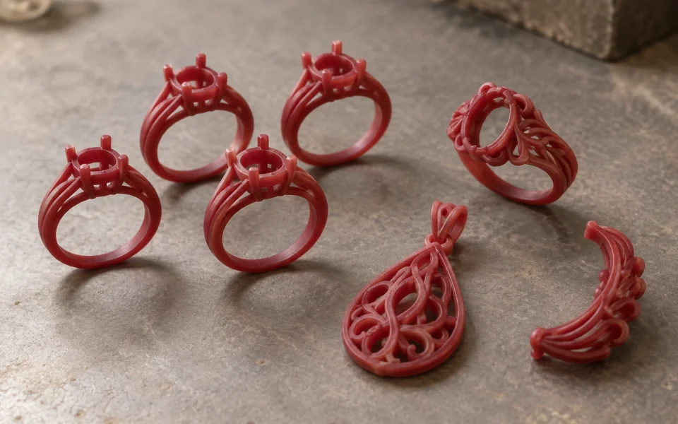 Monturas de anillo repetidas y distintos modelos de joyería en cera roja sobre una mesa de trabajo